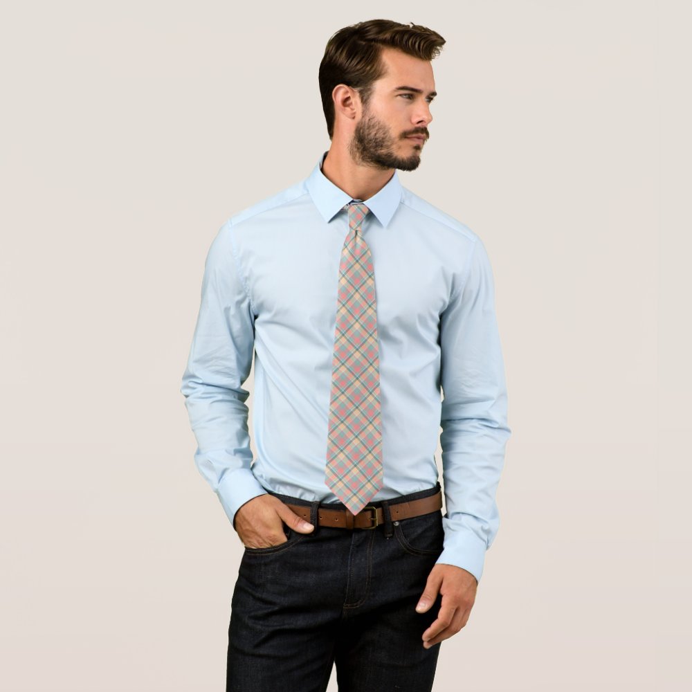 Pastel Peach Mint Tartan Wedding Pattern Neck Tie