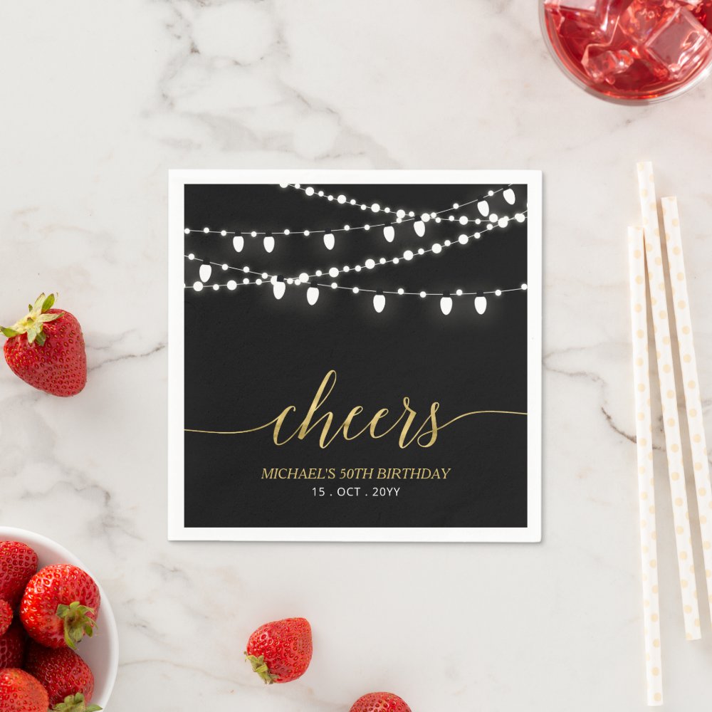 Black & Gold | Elegant Lights Adult Birthday Party Napkins