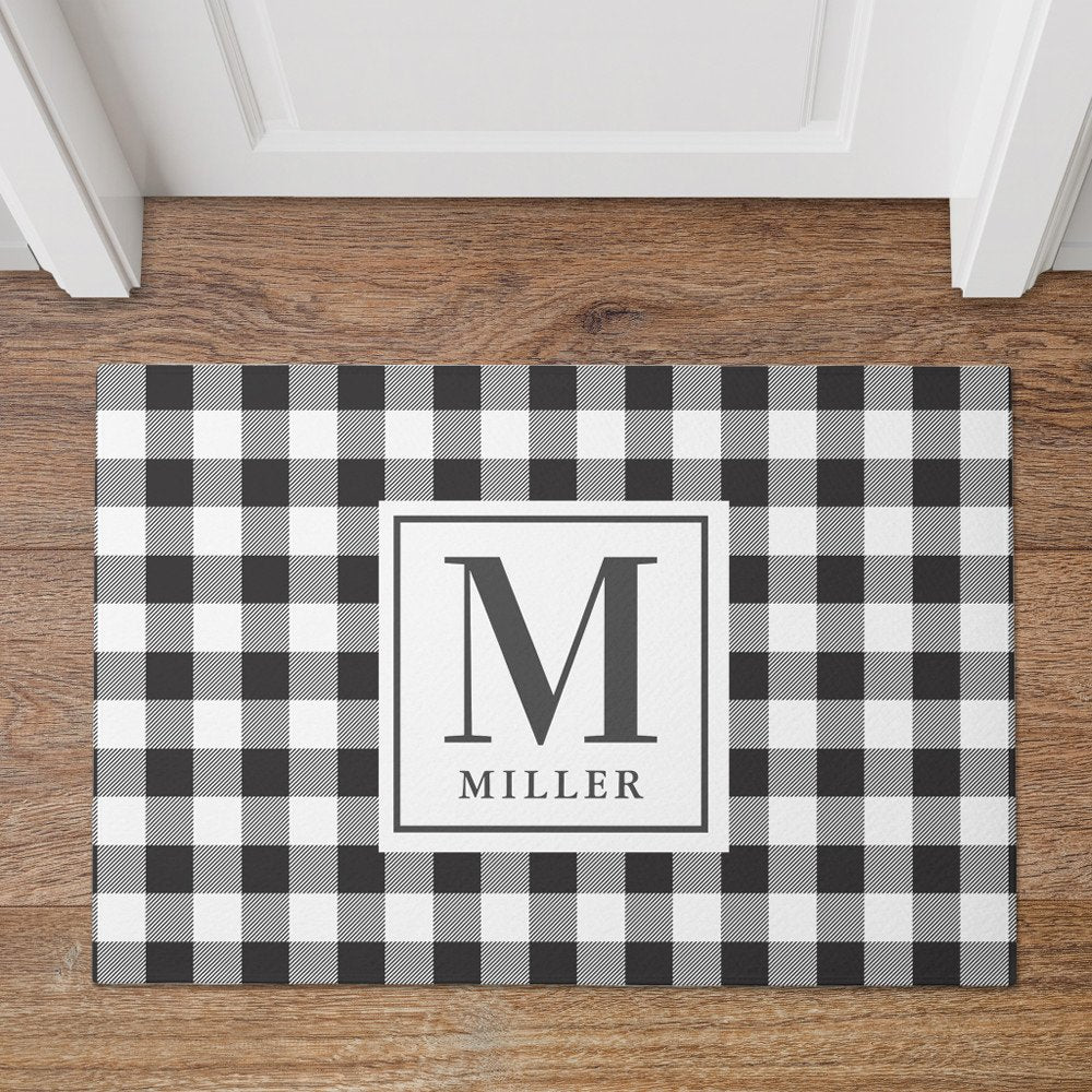 Modern Farmhouse Black Buffalo Plaid Monogrammed Doormat