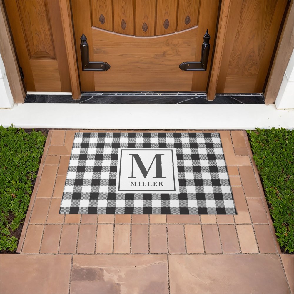 Modern Farmhouse Black Buffalo Plaid Monogrammed Doormat