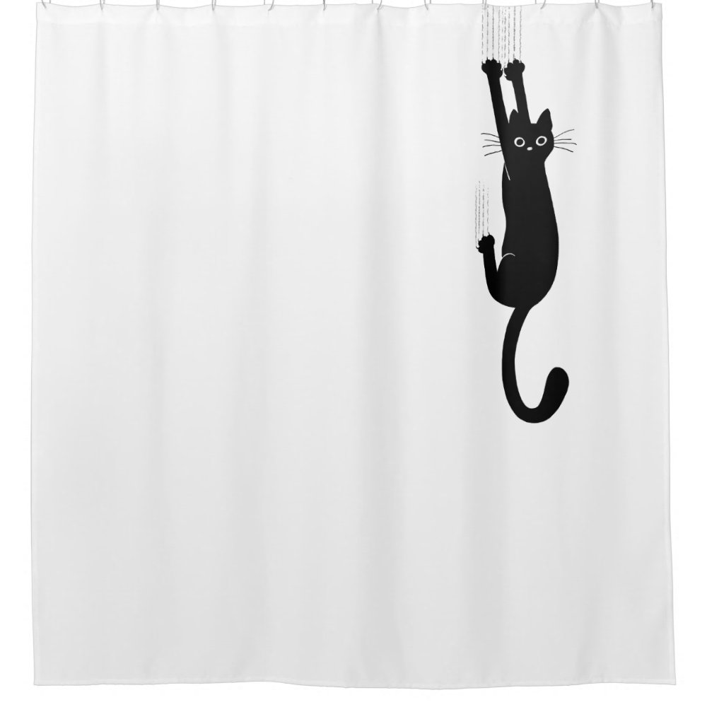 Funny Black Cat Hanging On | Crazy Kitty Shower Curtain