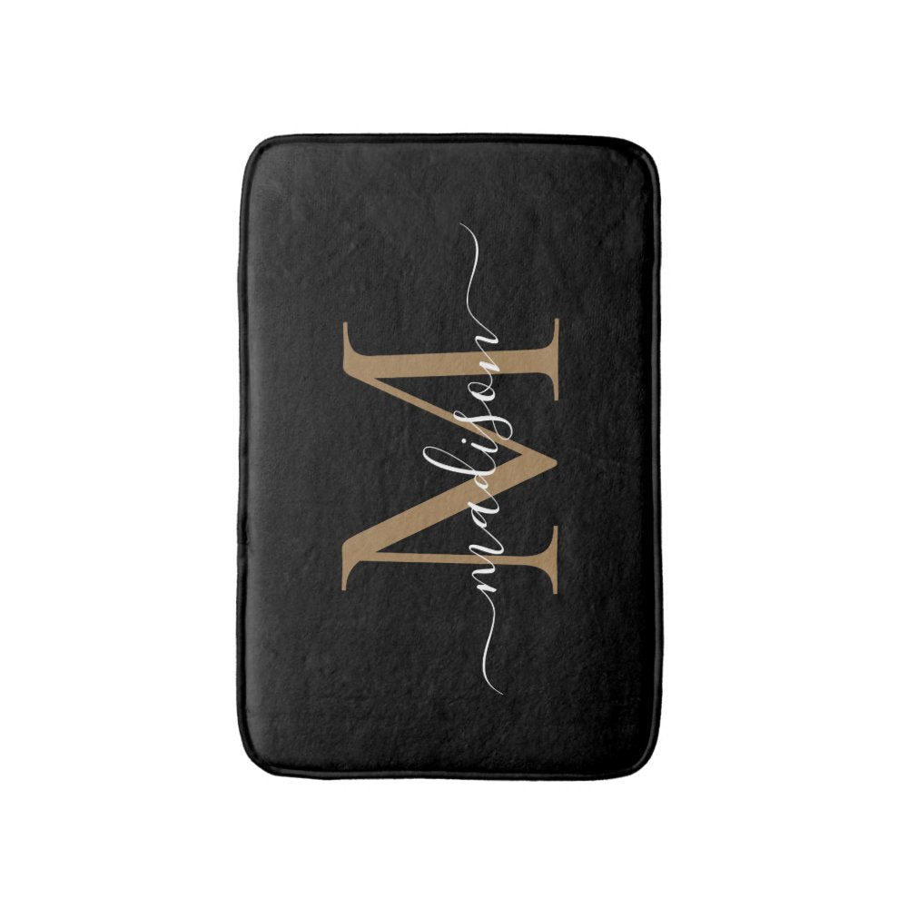 Modern Black Gold White Monogram Script Elegant Bath Mat