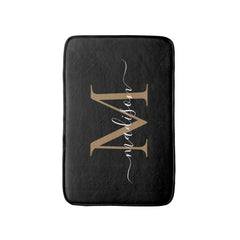 Modern Black Gold White Monogram Script Elegant Bath Mat