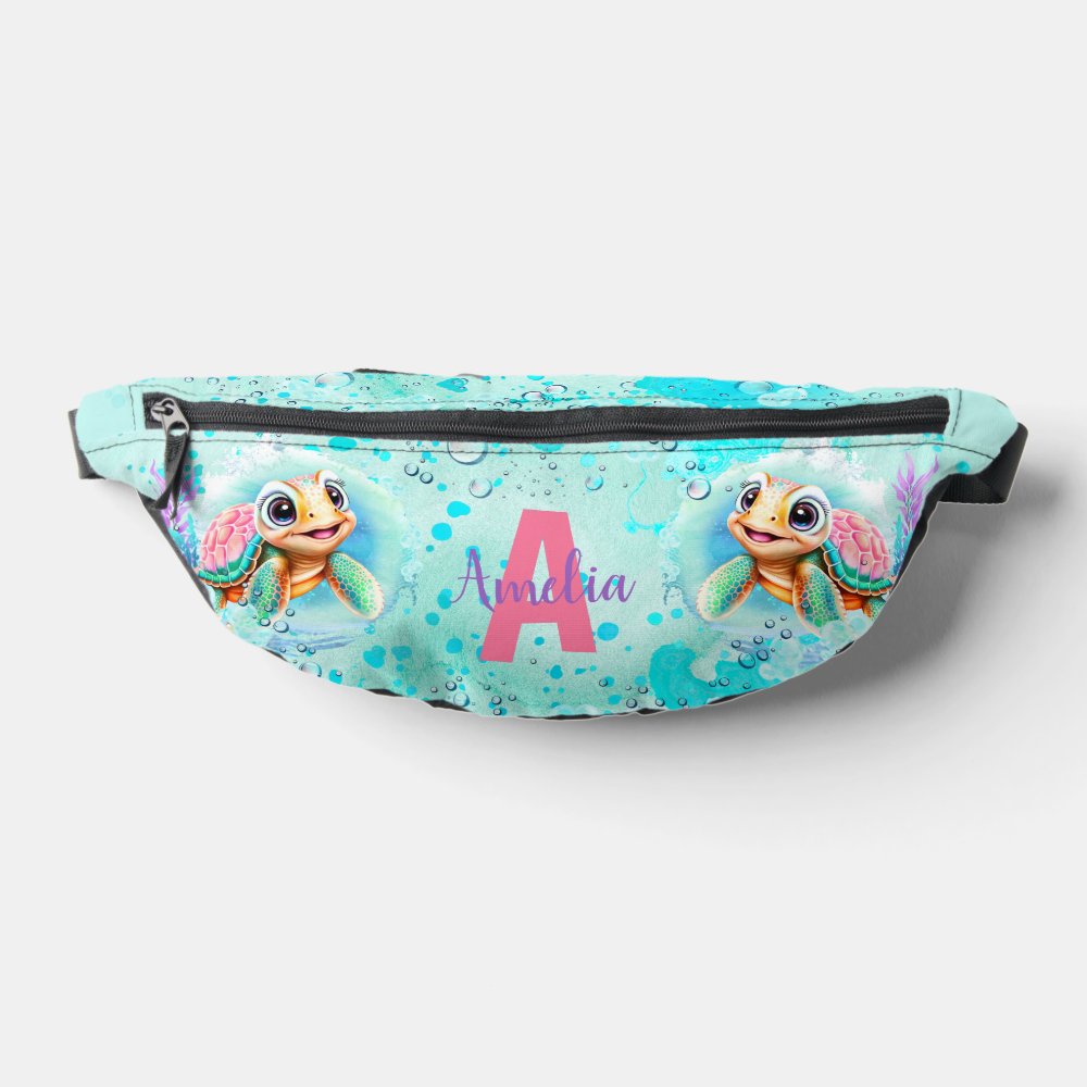 Cute Happy Turtle Girl Ocean Turquoise Name Fanny Pack