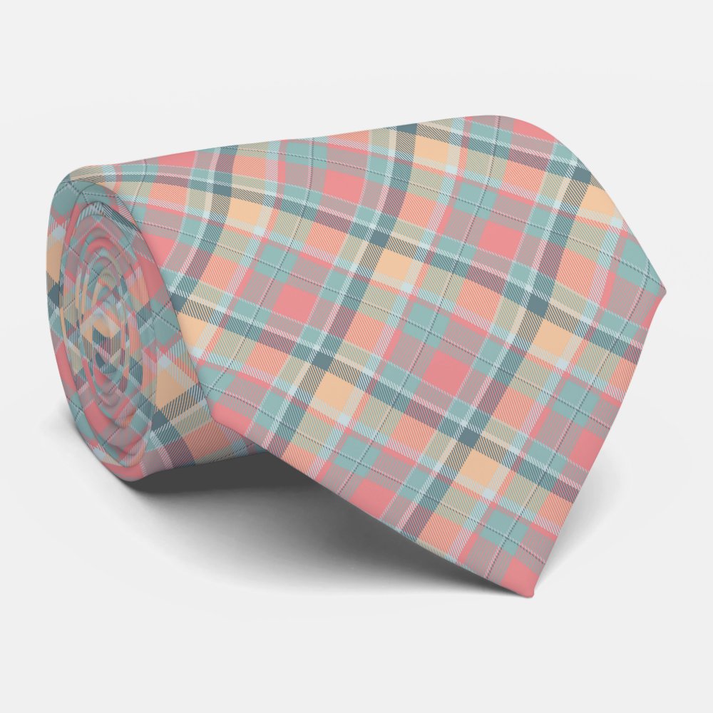 Pastel Peach Mint Tartan Wedding Pattern Neck Tie