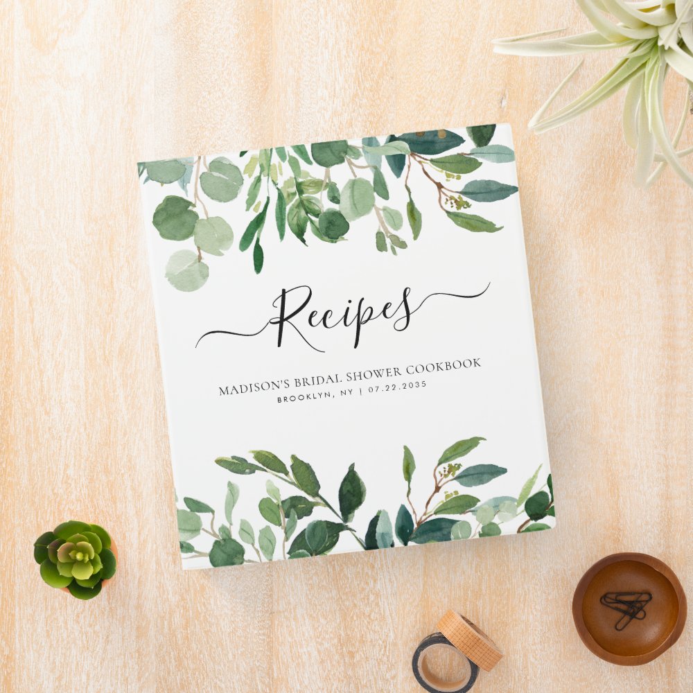 Modern Eucalyptus Botanical Bridal Shower Recipe 3 Ring Binder