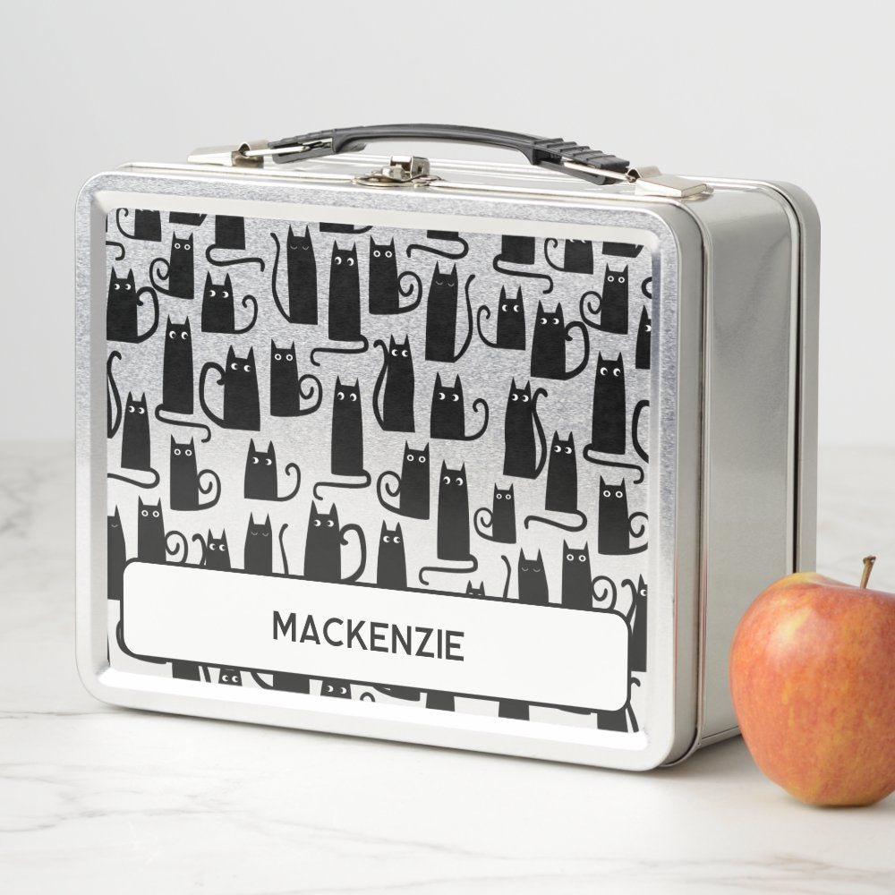 Fun Black Cat Personalized Custom Name Metal Lunch Box