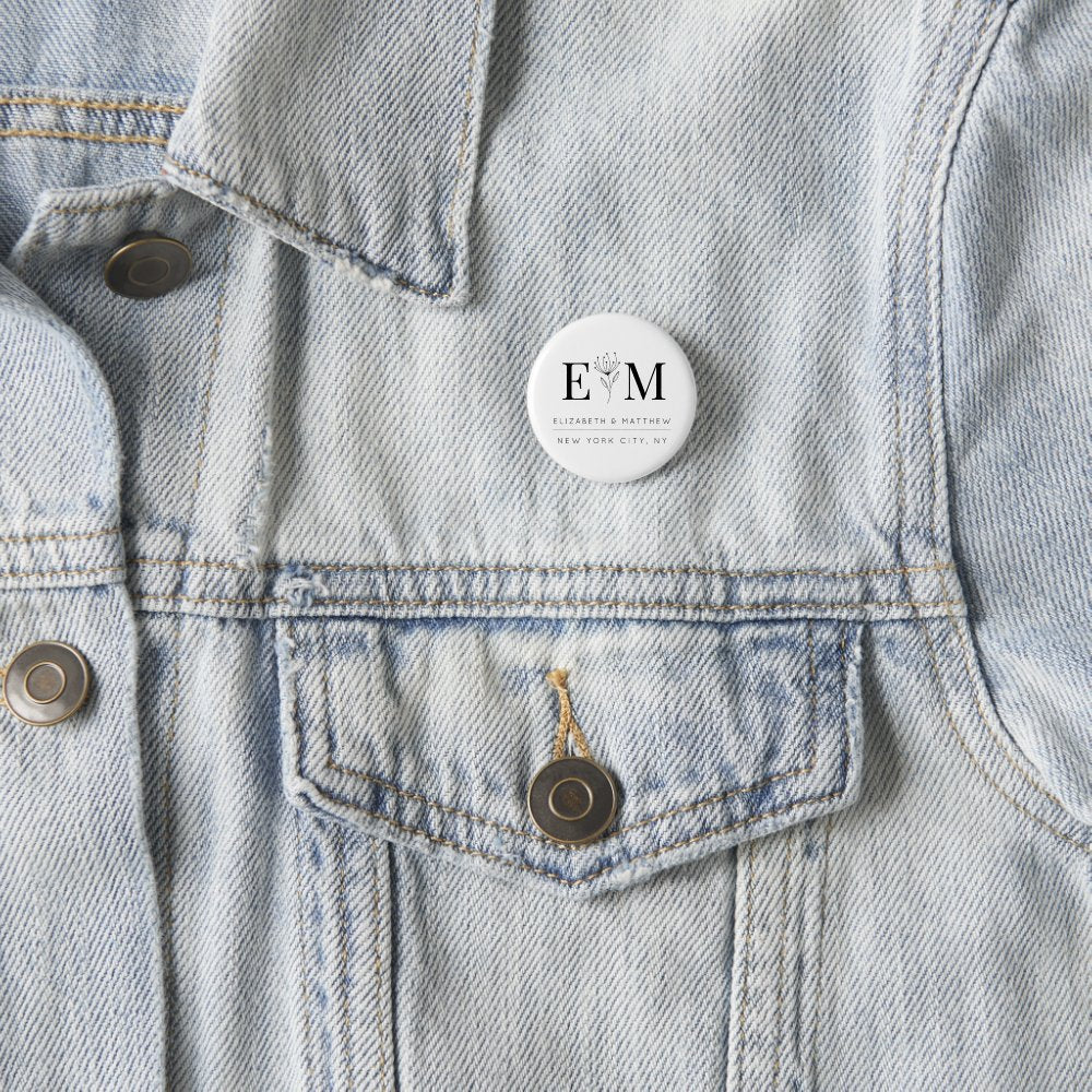 Wedding Elegant Chic Modern Monogram Foliage Button