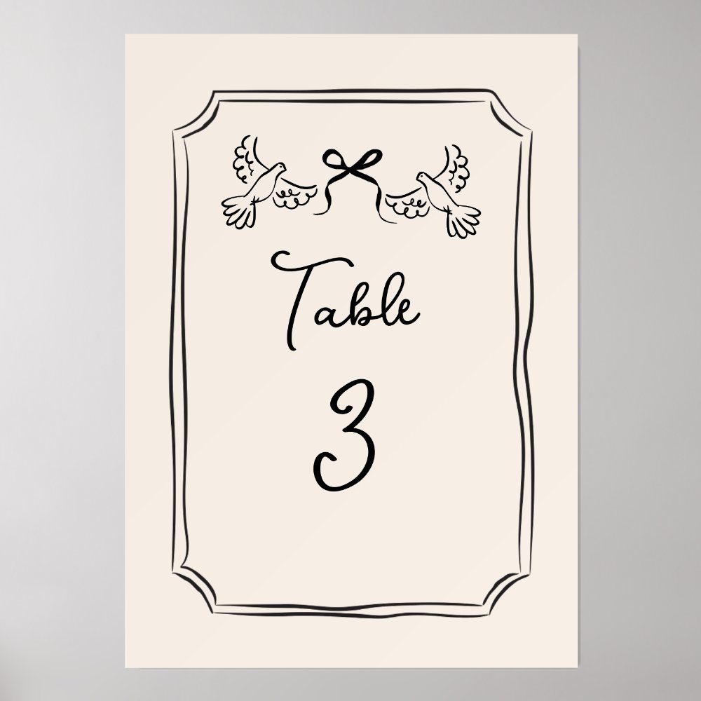 Minimal Hand-Drawn Doves Wedding Table Number Card Holder