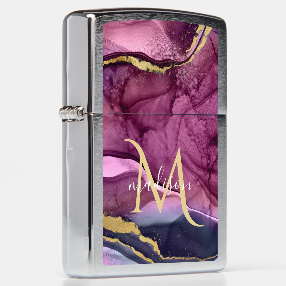 Monogram Purple Pink and Gold Agate Geode  Zippo Lighter