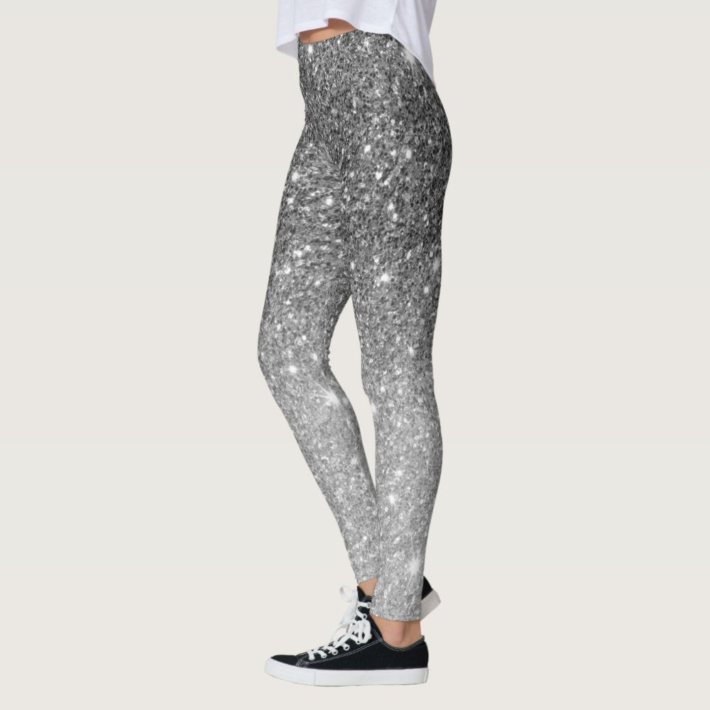 Modern Grey Glitter Sparkles Personalized Name Leggings