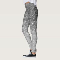 Modern Grey Glitter Sparkles Personalized Name Leggings