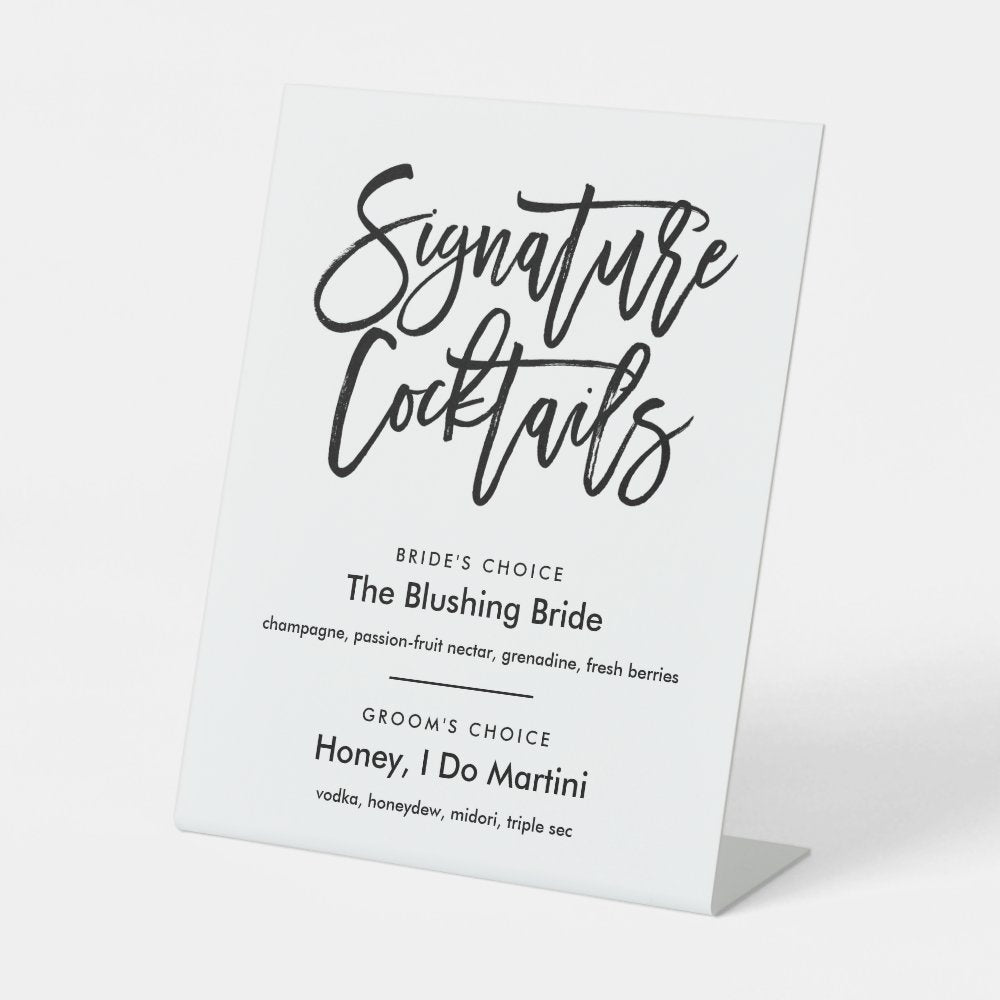 Chic Hand Lettered Signature Cocktails Menu Black Pedestal Sign