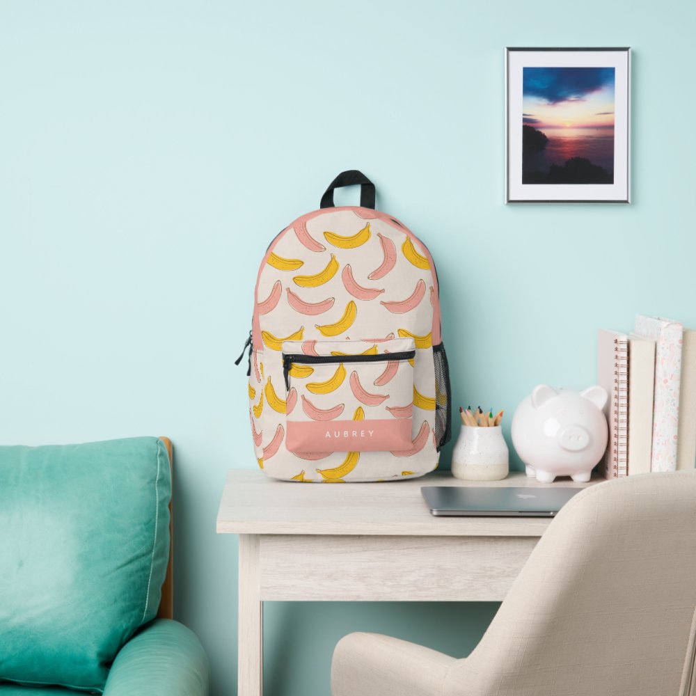 Cute Pink & Yellow Banana Pattern Printed Backpack