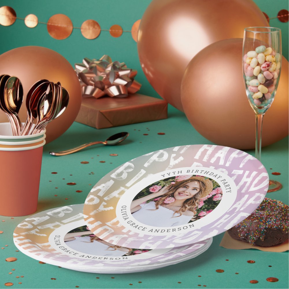 Modern pastel rainbow pink photo birthday party paper plates