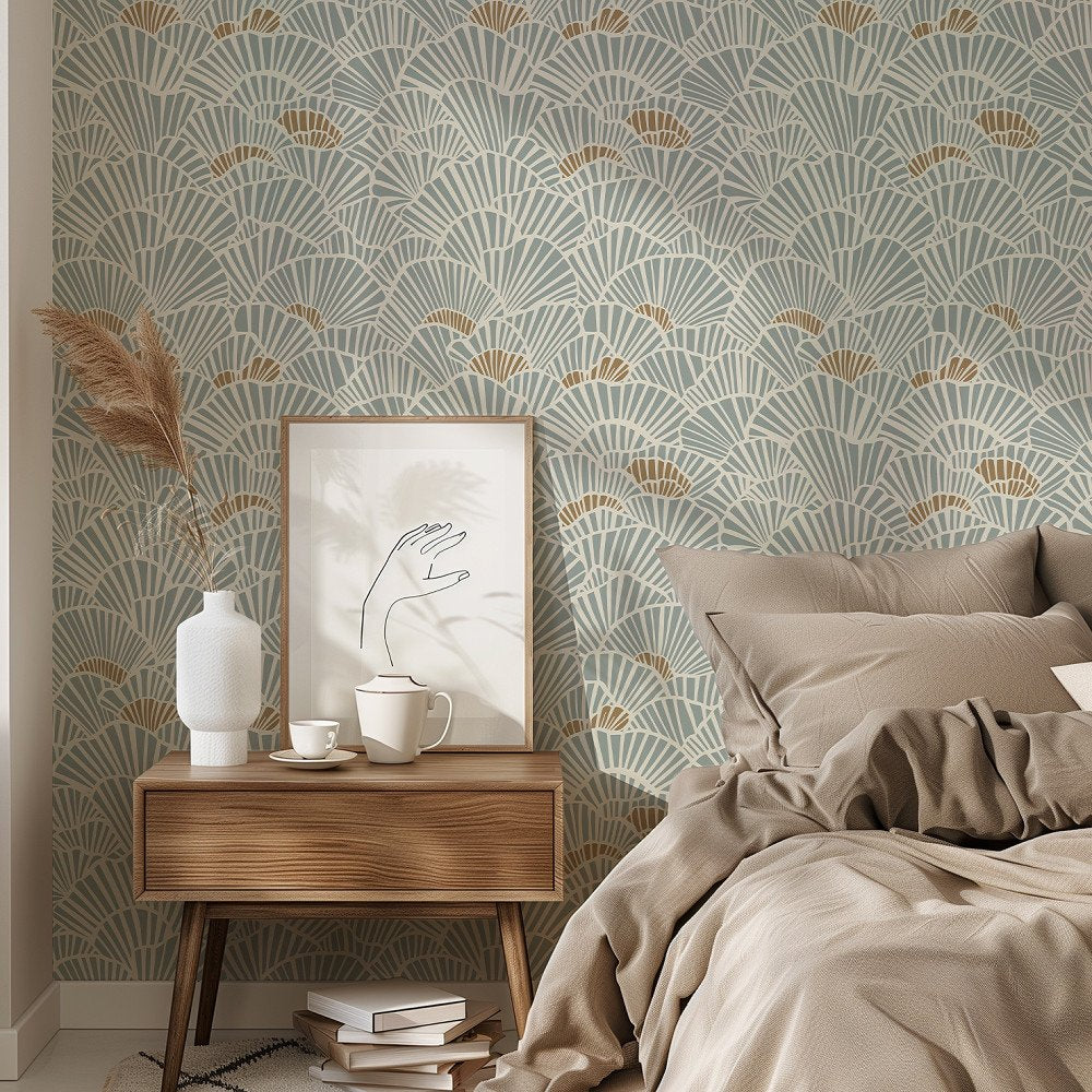 Soft Blue and Gold Fan Shell Art Deco Wallpaper