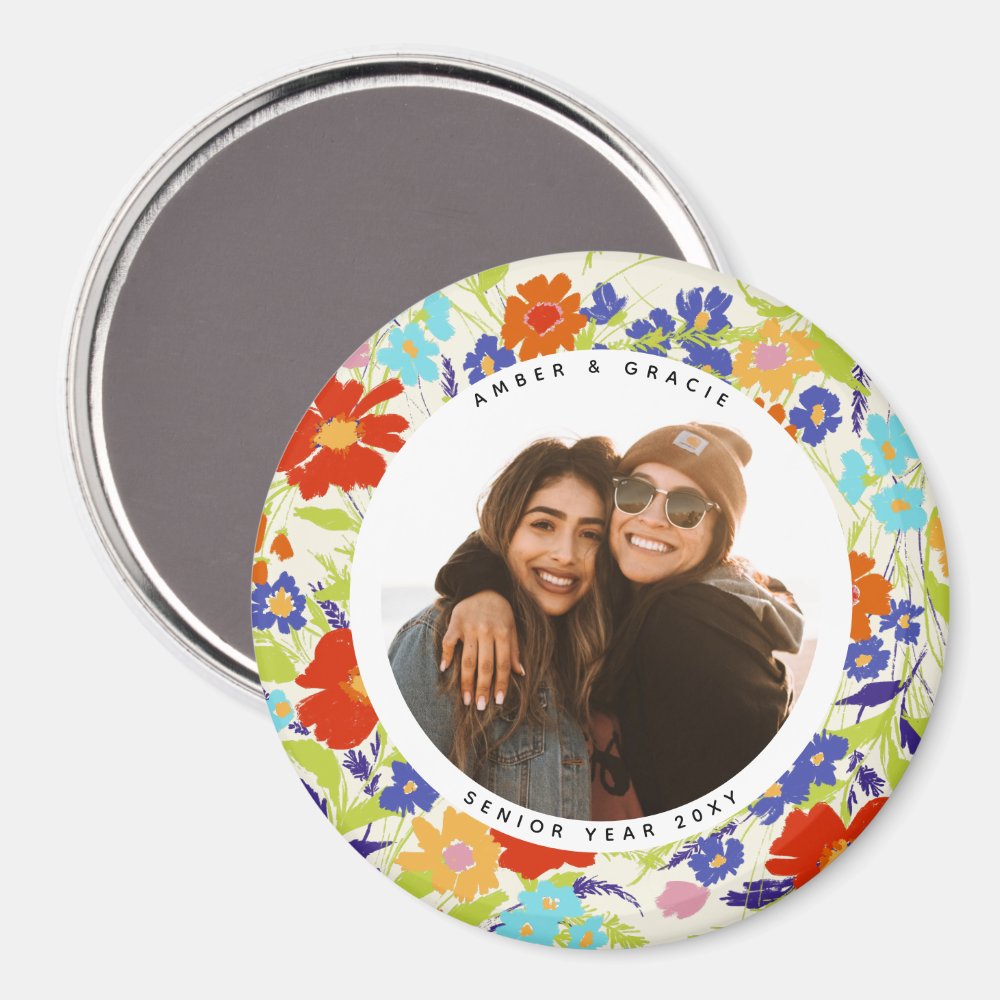 Round Photo Pretty Wildflower Frame with Text Magnet