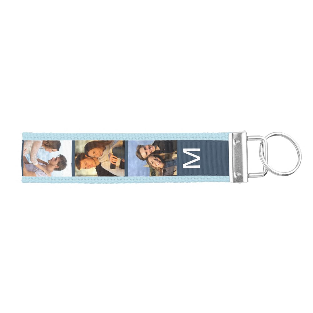 Monogrammed 6 Photo Strip Collage Blue Wrist Keychain