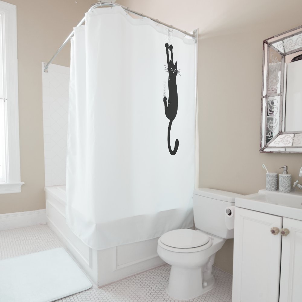 Funny Black Cat Hanging On | Crazy Kitty Shower Curtain