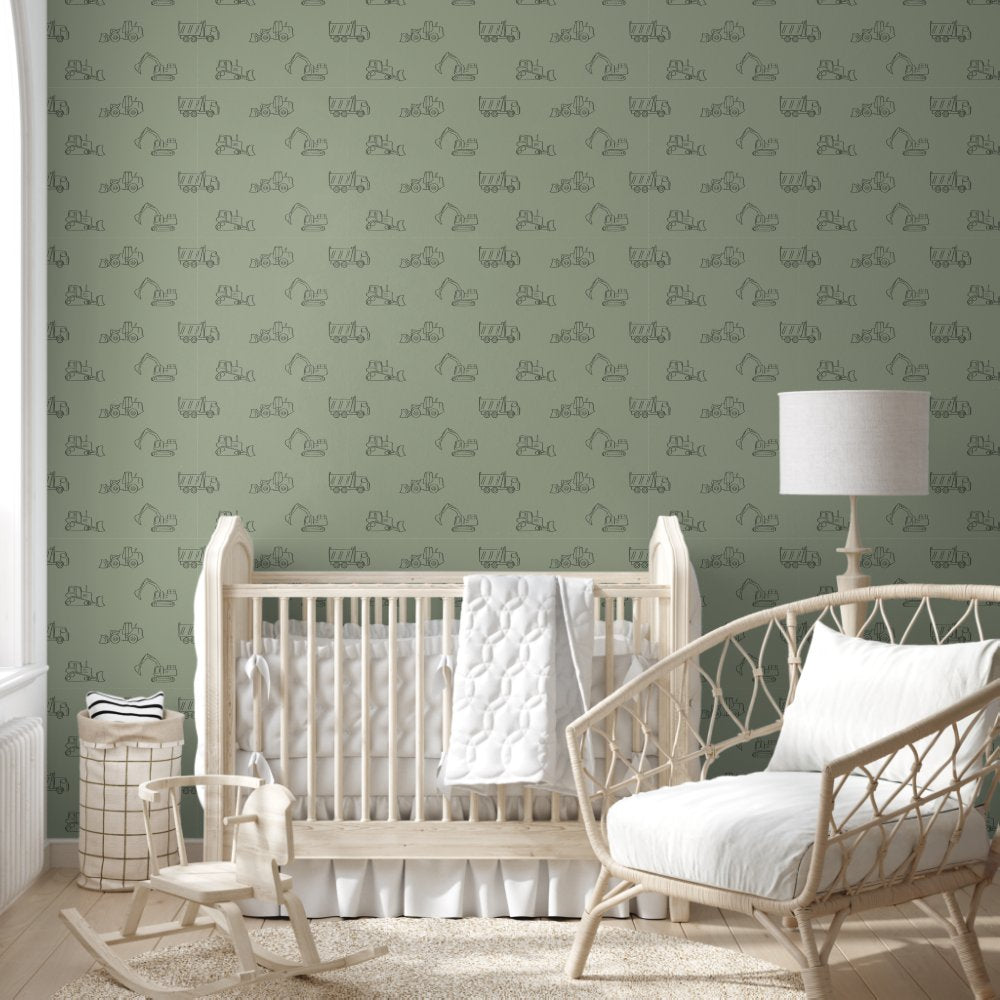 Construction Vehicles Builder Boy Truck Sage Green Wallpaper