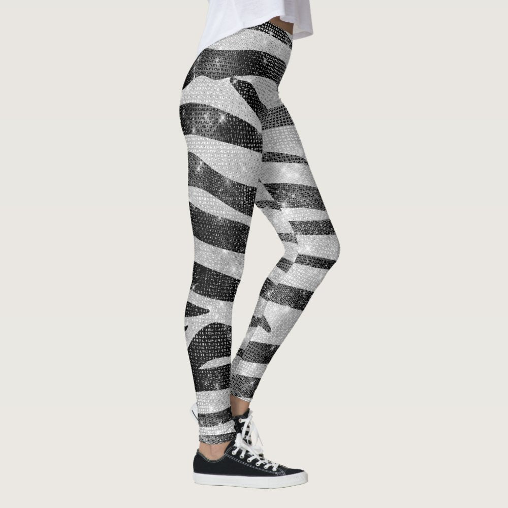 Glamorous Black White Sparkly Glitter Zebra Stripe Leggings