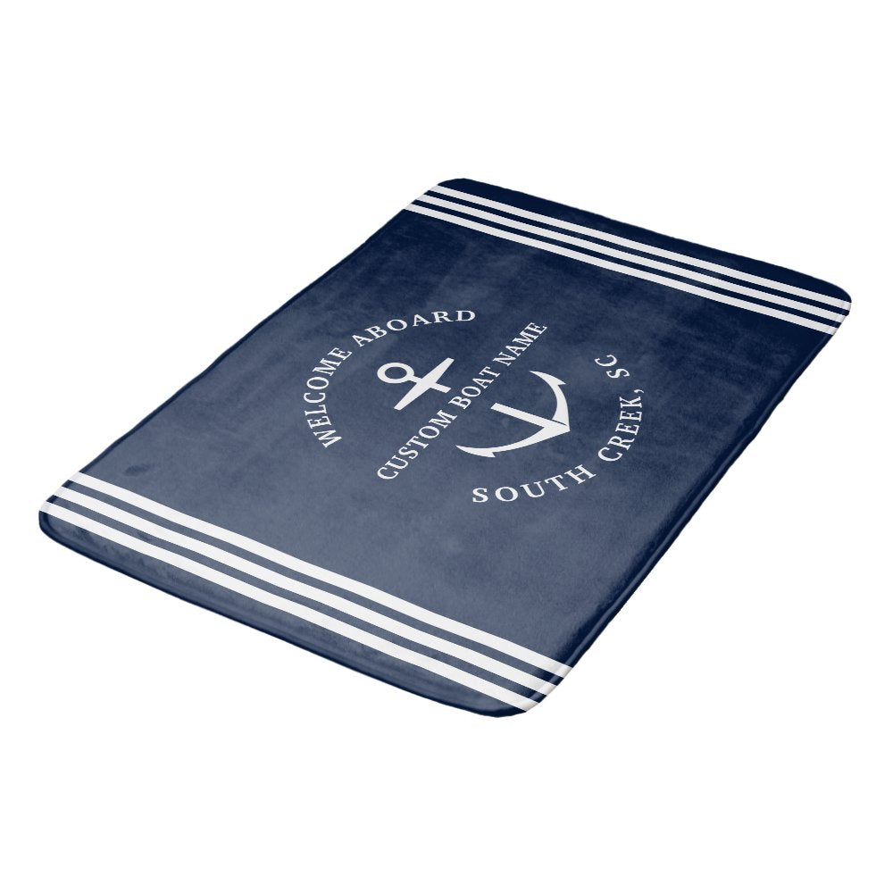 Modern Custom Boat Name Welcome Aboard Nautical Bath Mat