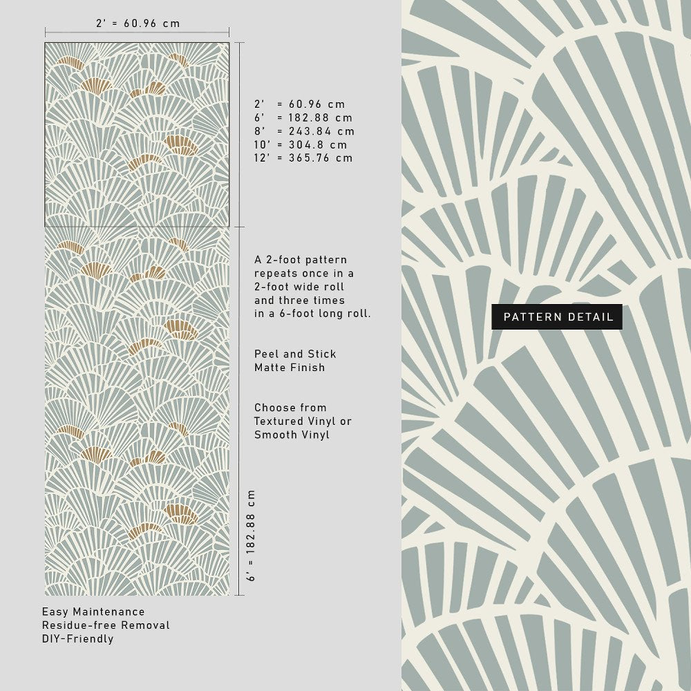 Soft Blue and Gold Fan Shell Art Deco Wallpaper