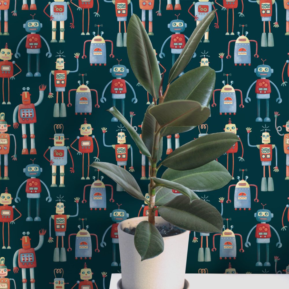 Fun Robot Pattern Teal Green Wallpaper