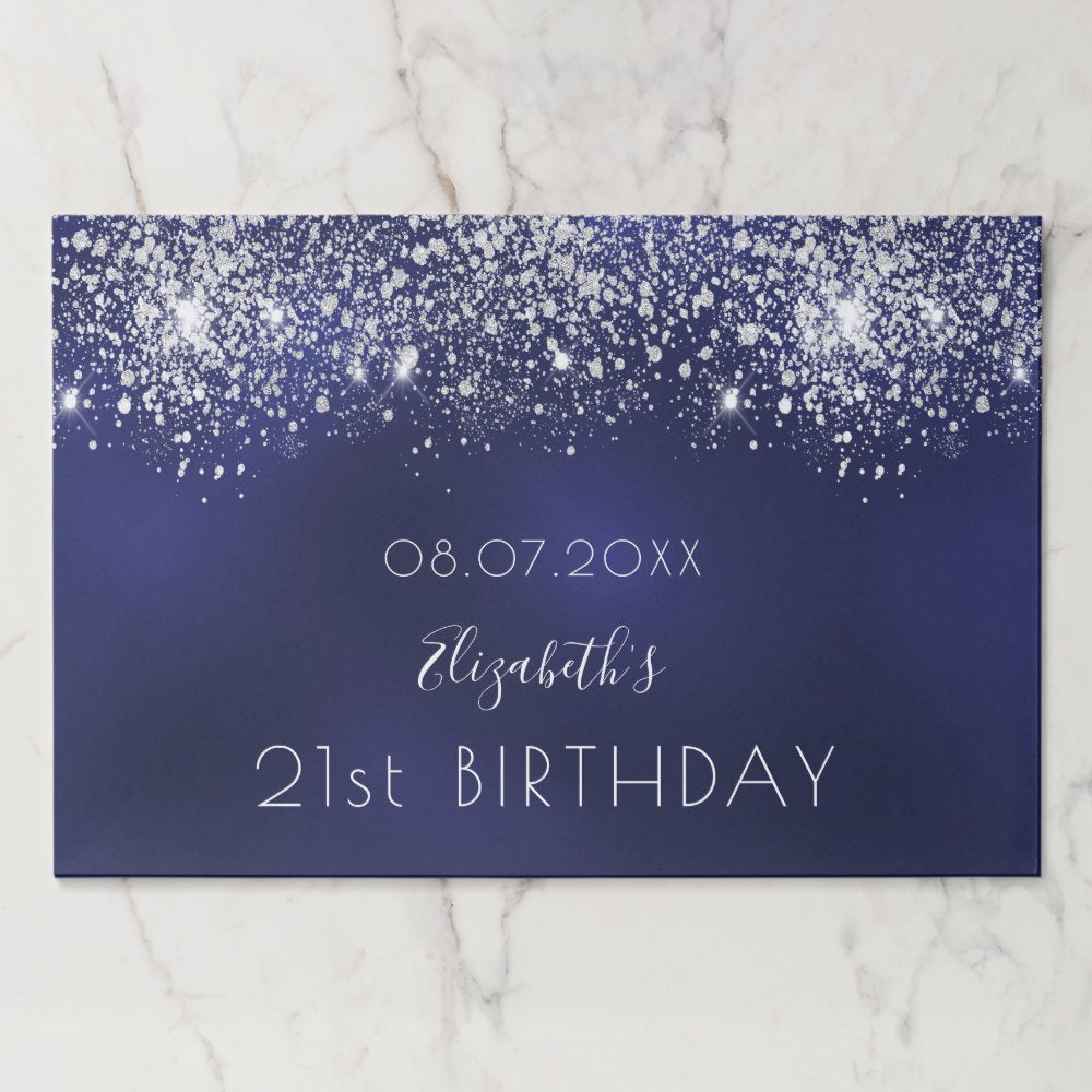 Birthday navy blue silver glitter paper placemat