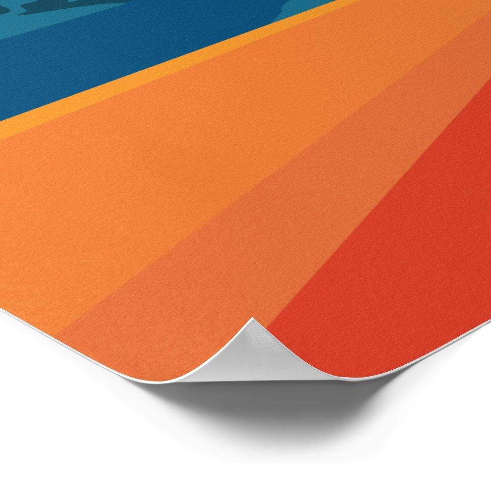 Retro Mountain Landscape Illustration Red Blue Poster