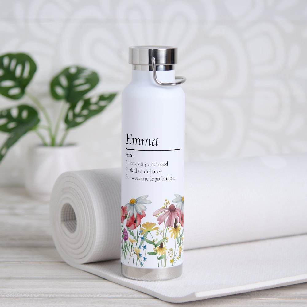 Name Definition with Modern Wildflower Border Water Bottle