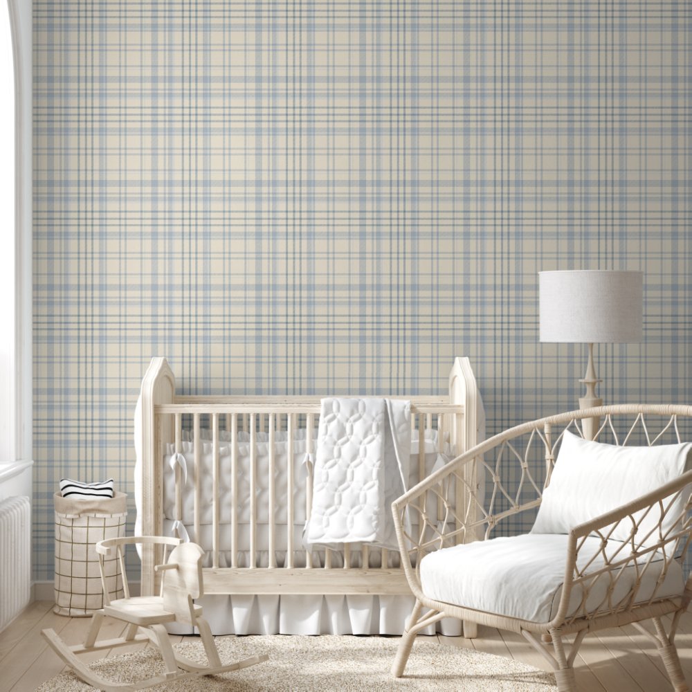 Classic Soft Blue & Beige Plaid Wallpaper
