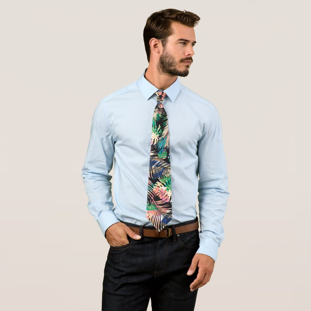 Black Pink Green White Tropical Plants Neck Tie