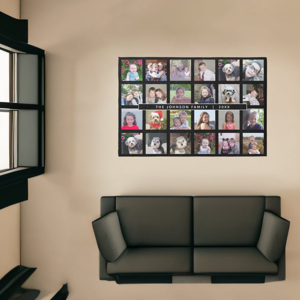 Custom 24 Photo Collage - Black - simple text Rug