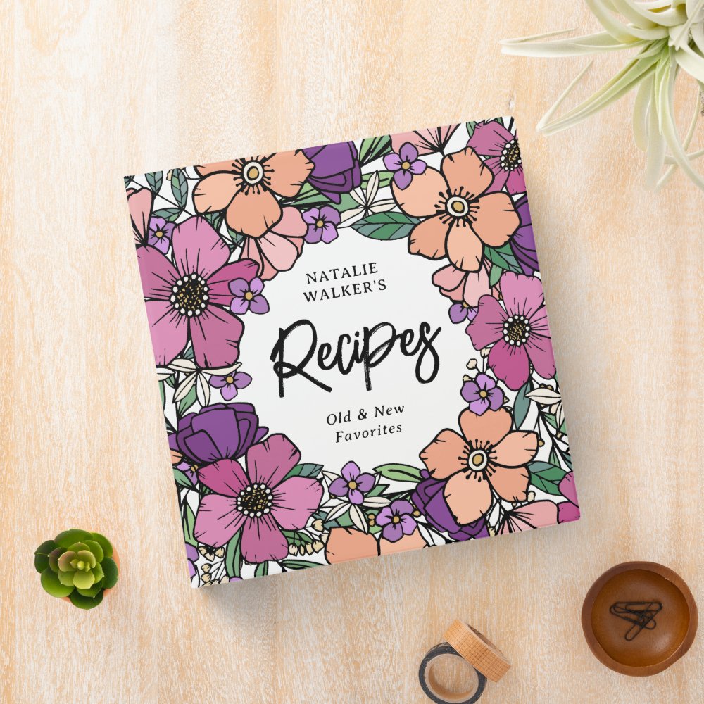Beautiful Purple Peach Pink Flowers Recipes 3 Ring Binder