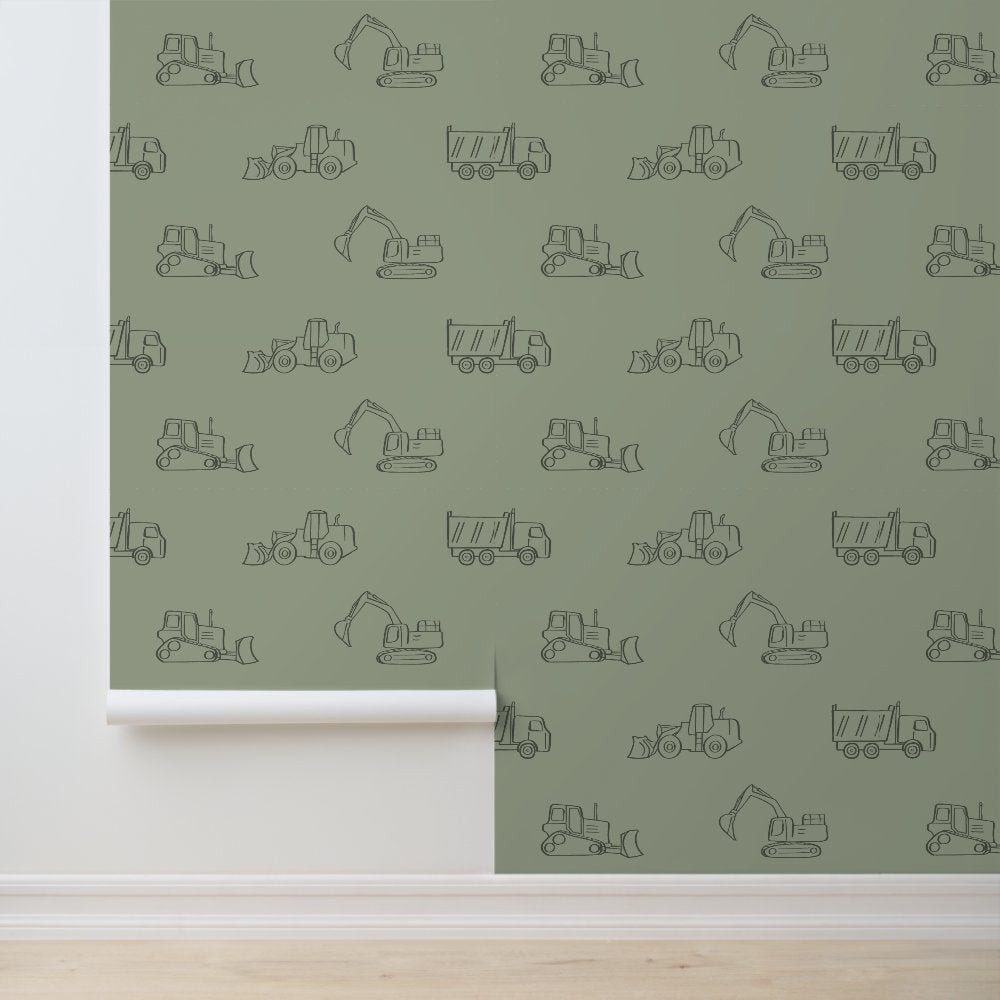 Construction Vehicles Builder Boy Truck Sage Green Wallpaper