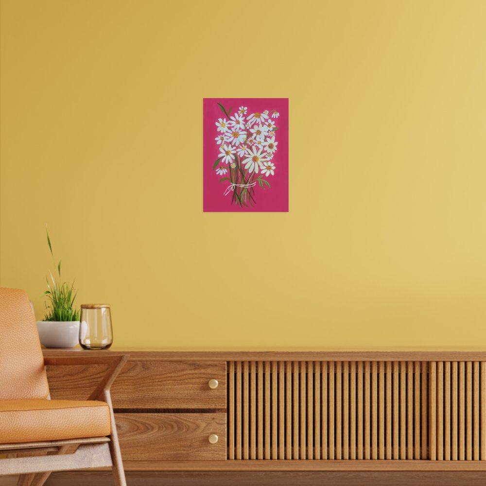 White Daisy Bouquet on Pink Gouache Painting Art Poster