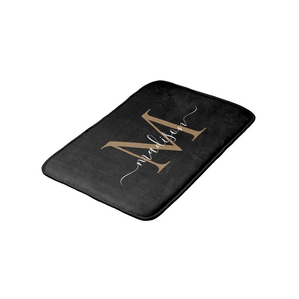 Modern Black Gold White Monogram Script Elegant Bath Mat