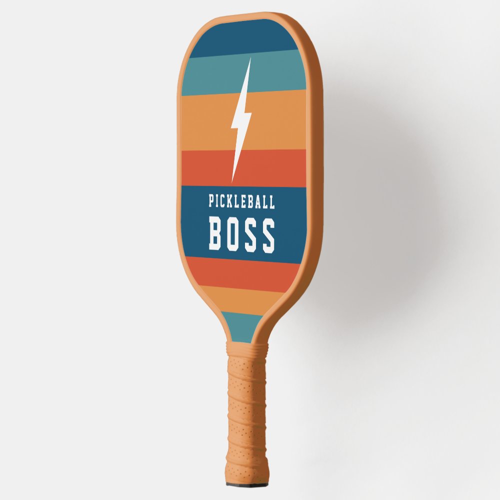 Pickleball Boss Lightning Bolt Retro Stripes Name  Paddle
