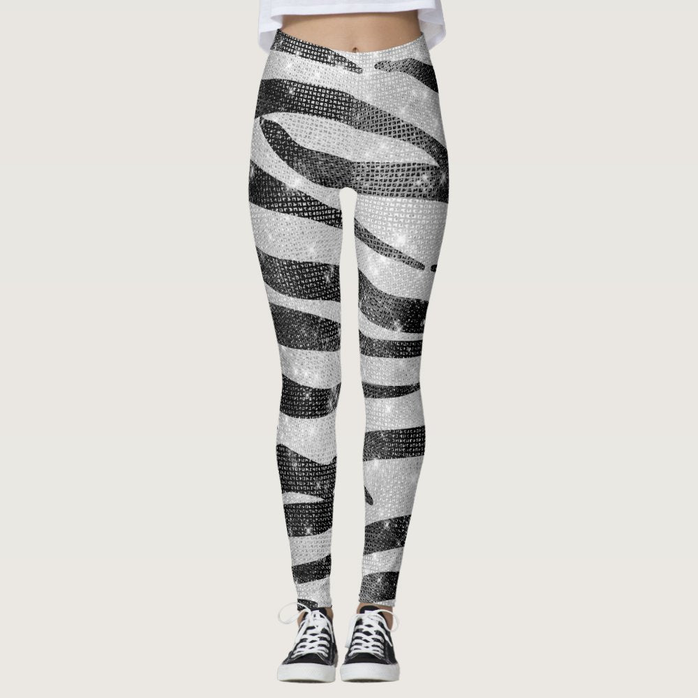 Glamorous Black White Sparkly Glitter Zebra Stripe Leggings