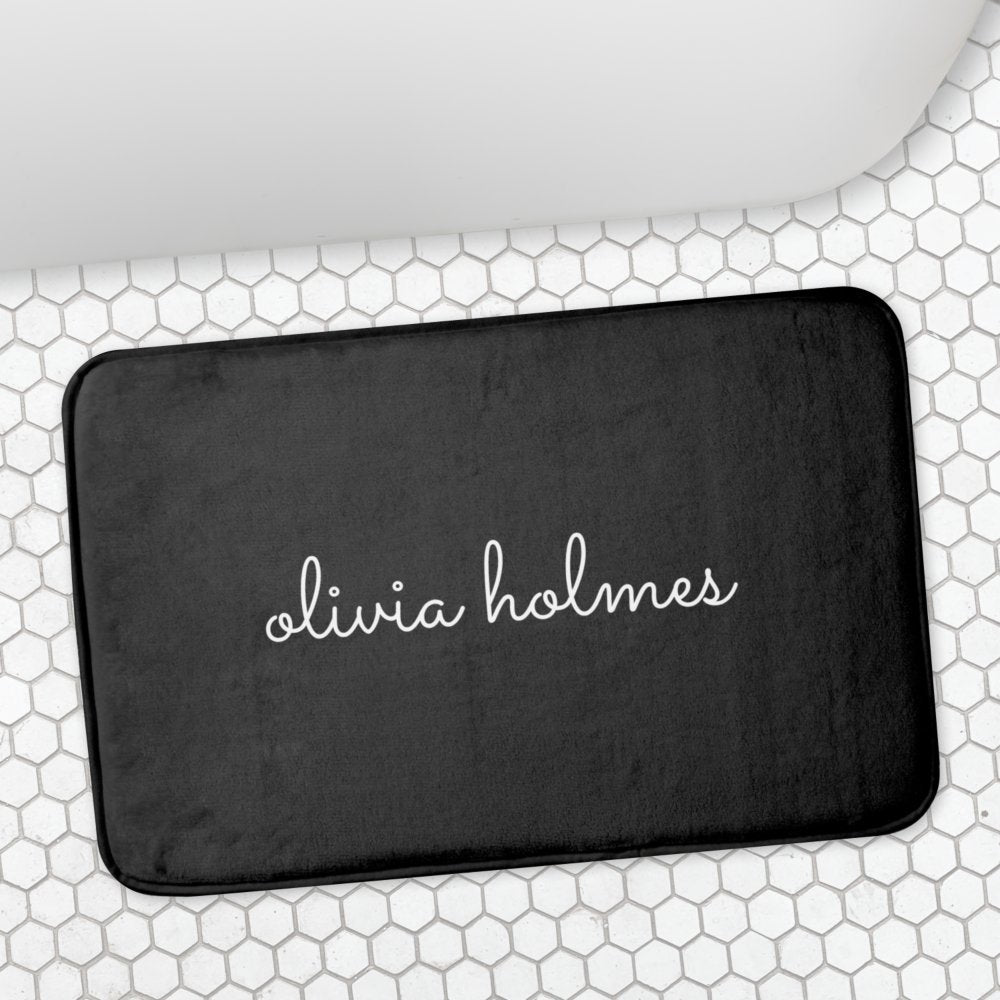 Trendy Monogram | Modern Black Script Name Bath Mat