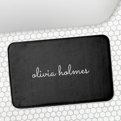 Trendy Monogram | Modern Black Script Name Bath Mat