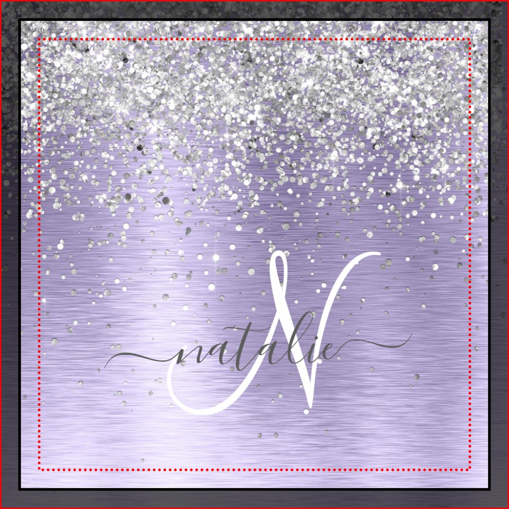 Purple Brushed Metal Silver Glitter Monogram Name Trinket Tray