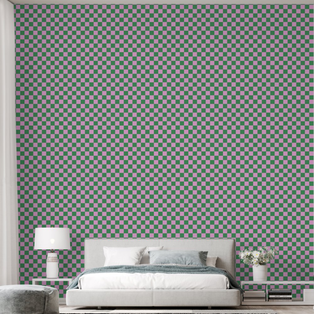 Preppy Retro Pink and Green Geometric Checkerboard Wallpaper