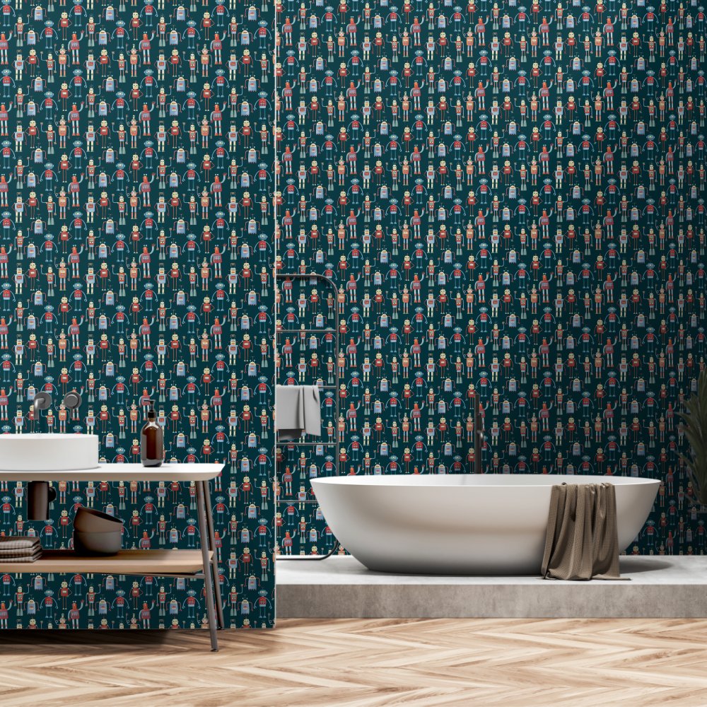 Fun Robot Pattern Teal Green Wallpaper