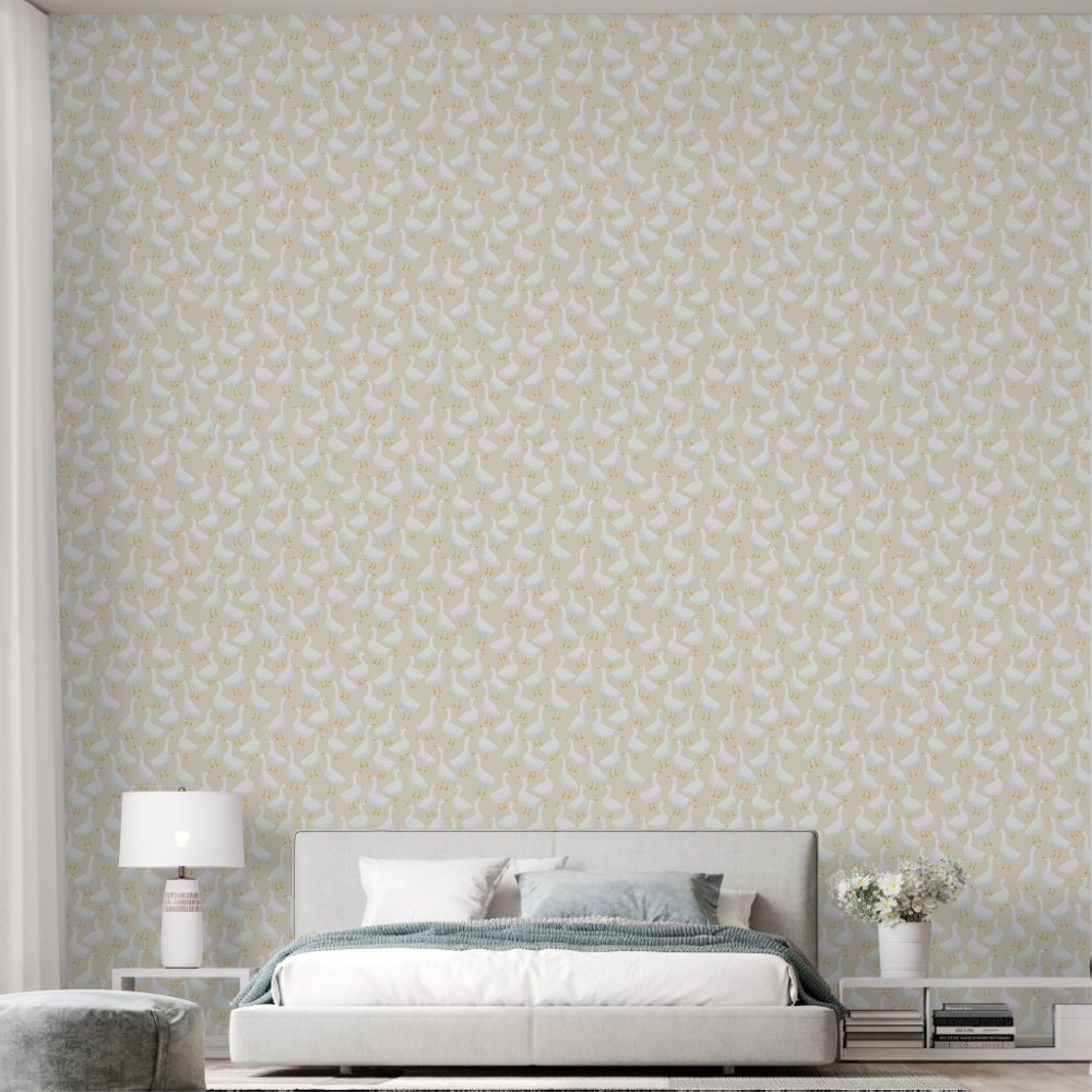 Whimsical Goose Pattern Soft Neutral Style Wallpaper