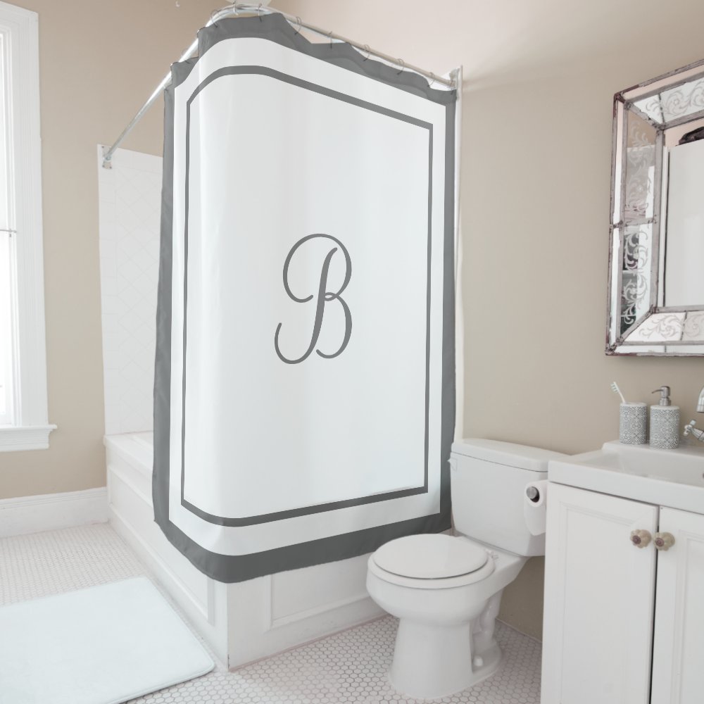 Elegant Dark Gray Border Script Monogram Shower Curtain