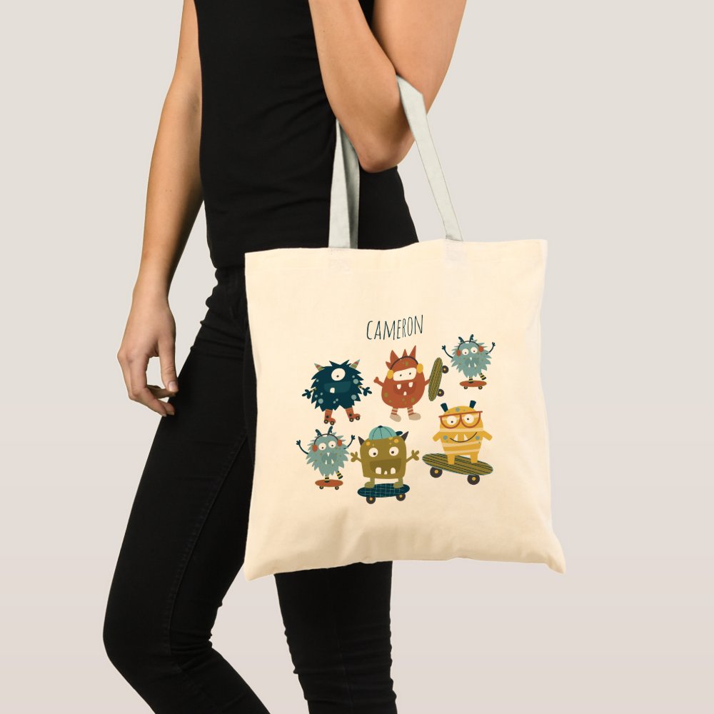 Cute Skateboard Monsters Personalized Name Tote Bag