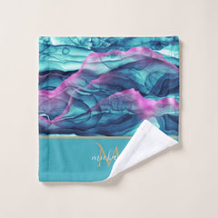 Turquoise Teal  Marble Agate & Monogram Bath Towel Set