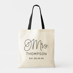 Modern Mrs Calligraphy Monogram Wedding Date Tote Bag